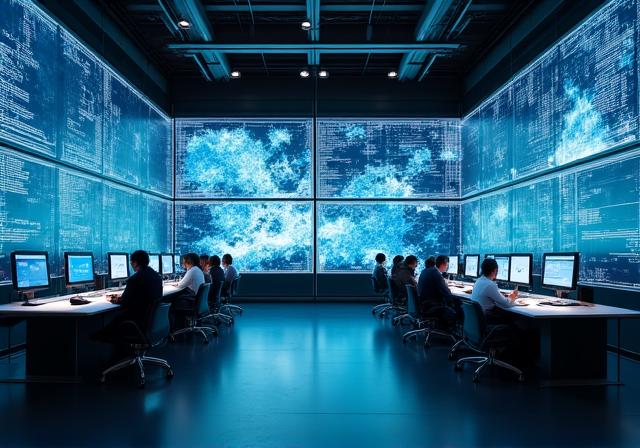 Modern control center displaying meteorological data screens