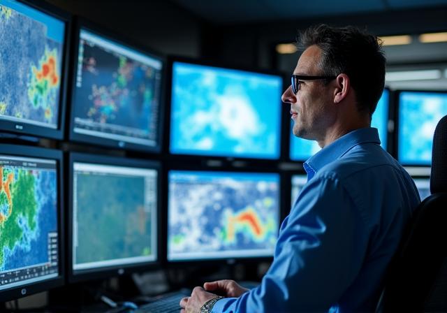 Meteorological consultant analyzing global weather data on multiple screens